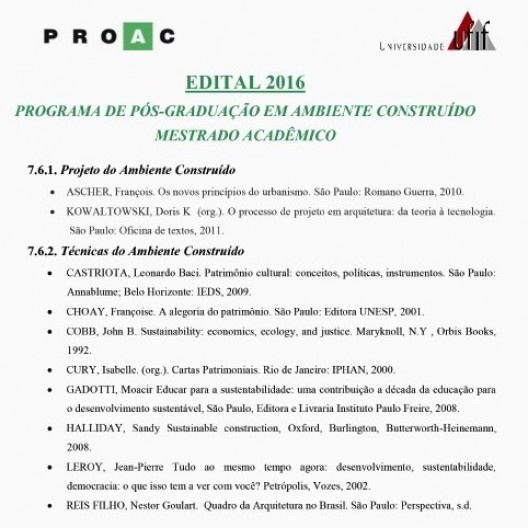 Edital de convocação de exame de seleção para alunos do mestrado da Universidade Federal de Juiz de Fora em 2016