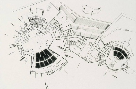 Teatro de Ópera de Campinas. Planta dos dois teatros conectados pela galeria de serviços