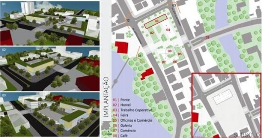 Implantação do novo equipamento com imagens perspectivas da nova proposta de quadra com o equipamento implantado.