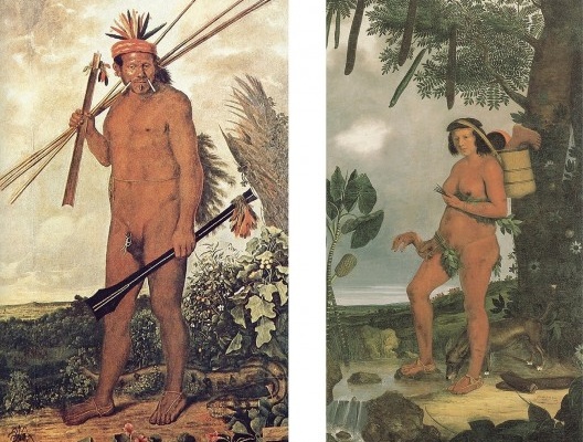 À esquerda, Homem Tapuia, 1643, 272 x 161 cm; à direita, Mulher Tapuia, 1641, 272 x 165 cm, Albert Eckhout, retratos etnográficos dos habitantes do Brasil do século 17