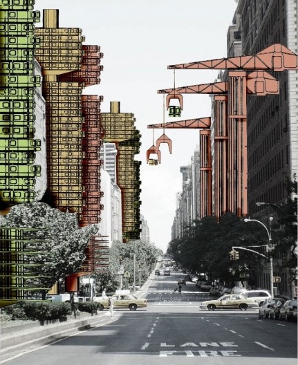 Archigram (1961-1974), fotomontagem em cidade americana com cápsulas e a Plug-in city