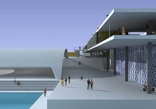 Vista do eixo de circulação principal. À esquerda setor esportivo e à direita edifício institucional