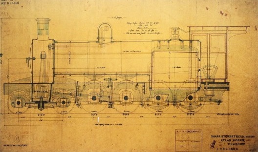 Projeto de locomotiva Sharp Stewart 4-8-0, da Atlas Workss Glasgow, 1894