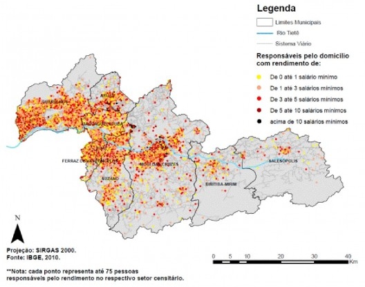 Distribuição das diferentes faixas de renda sobre a região do Alto Tietê Cabeceiras