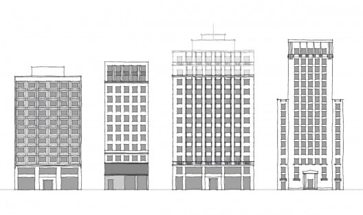 Comparativo das fachadas - da esquerda para a direita: Ed. Anhuma, Ed. Canadá, Ed. Ernesto Ramos e Ed. Acadia
