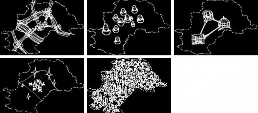 Croquis representando os 5 dilemas municipais. De cima para baixo (a) autorama, (b) matrioshka, (c) privaticidade, (d) acefalia, (e) metápole