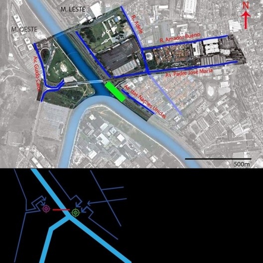 Mapa da microacessibilidade peatonal e diagrama. Em verde, destaque para estação