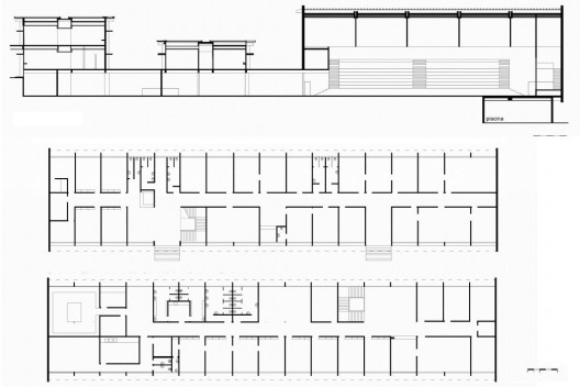 Sesi, corte transversal e plantas Ambulatório e Delegacia, Sorocaba SP, 1967. Arquiteto Rodolpho Ortenblad Filho