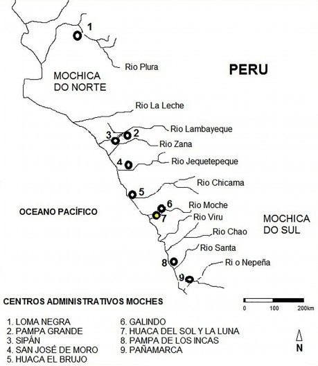 Mapa esquemático da localização dos centros administrativos da cultura moche