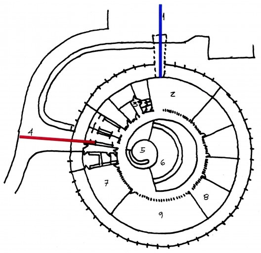 Sarah Brasília Lago Norte, planta esquemática de distribuição do programa no Centro de Apoio à Paralisia Cerebral, Brasília DF. 1. acesso de pacientes; 2. sala de espera; 3. área de apoio, sanitários etc; 4. acesso dos serviços; 5. piscina; 6. playground;