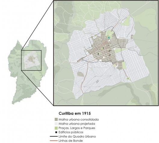 Planta de Curitiba em 1915, com indicação da área de expansão urbana projetada