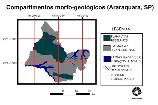 Unidades morfo-geológicas da área de estudo. Material elaborado originalmente em escala numérica de 1:50000.