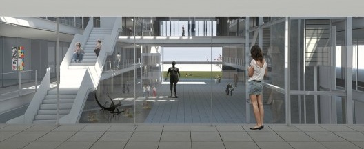 Imagem de uma das passarelas de ligação entre os dois volumes longitudinais