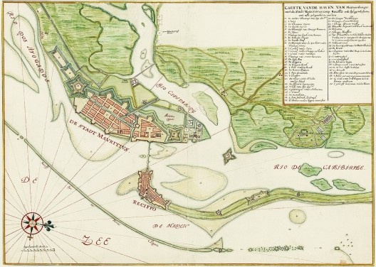 Mapa do porto de Pernambuco com a cidade de Mauricia e a aldeia de Recife com fortes, 1665