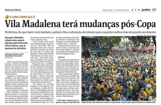 Recorte da página da Folha de S.Paulo, com destaque para torcedores entre as ruas Mourato Coelho e Aspicuelta após jogo do Brasil na Copa do Mundo