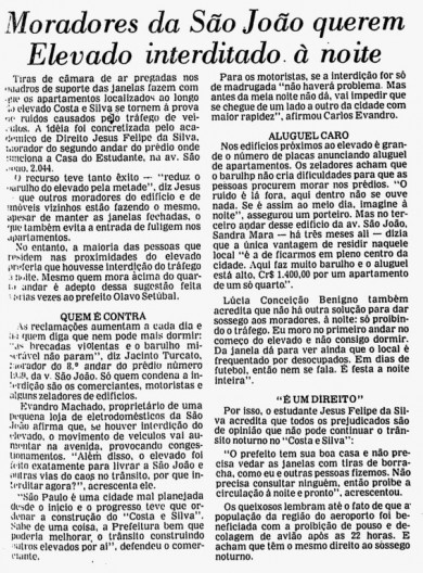 01. Reportagem sobre fechamento do Minhocão à noite. Folha de S.Paulo, São Paulo, 29 de dezembro de 1976