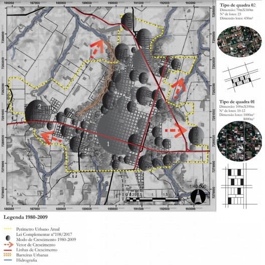 Mapa morfológico do Crescimento Urbano de Marechal Cândido Rondon, 1980-2000. Observa-se que as linhas e barreiras de crescimento e padrões do tecido urbano refletem fatores socioeconômicos e políticos do período
