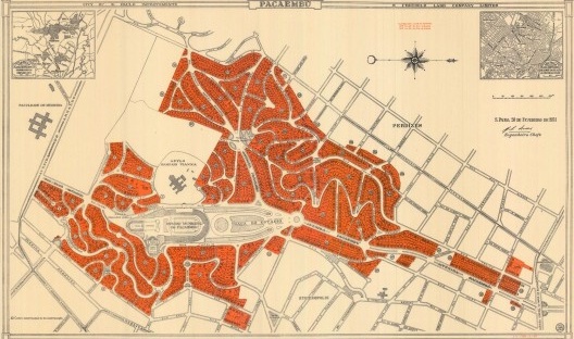 Planta do bairro do Pacaembu, com as dimensões do terreno ampliadas por iniciativa de Paulo Duarte, para acomodar as diferentes estruturas do programa do Departamento de Cultura, 1951