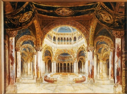 Cenografia para Parsifal, produção de 1882. Pintura de telão de fundo executada pelos irmãos Bruckner. Aquarela de Max Bruckner