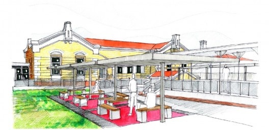 Três estudos para as praças/jardins do Hospital de Retaguarda e Reabilitação Física. Podemos perceber a preocupação da proposta em dotar espaços de convívio voltados à natureza, convidando o paciente a interagir com os outros usuários ou visitantes em loc