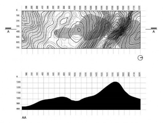 Mina Córrego do Feijão, topografia, planta de nível com mancha de ocupação das atividades extrativistas e corte territorial, Brumadinho MG. Arquitetos Lucas de Sousa, Mariana Alves Barbosa, Pedro Machado Meneghel, Renata Semin e Vitória Paulino