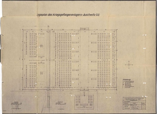 Cópia heliográfica do campo de concentração Birkenau, de outubro de 1941. Desenho de Alfred Przibelski, prisioneiro polonês nº 471