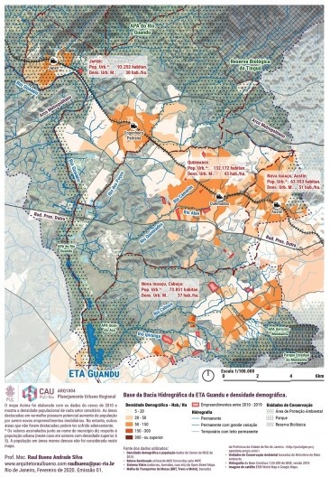Mapa da base da Bacia Hidrográfica da ETA Guandu e densidade demográfica. Recorte 1/100.000 mostrando Paracambi, Japeri, Queimados e a região do Cabuçu em Nova Iguaçu