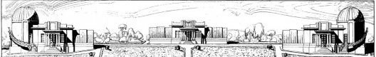 Elevação original da praça de Urânia, 1930. À esquerda, Pavilhão Cook (“Zeiss”); ao centro, Pavilhão do Serviço Meridiano e à direita, Pavilhão Photographico (“Grubb”)