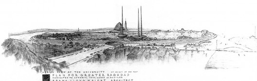 Perspectiva do Campus Universitário com a mesquita marcada por sua grande cúpula e seu minarete, propostos por Wright como integrantes do conjunto peninsular