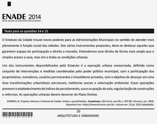 Questão do Enade 2014 com artigo de Nadia Somekh publicado na revista Arquitextos do portal Vitruvius