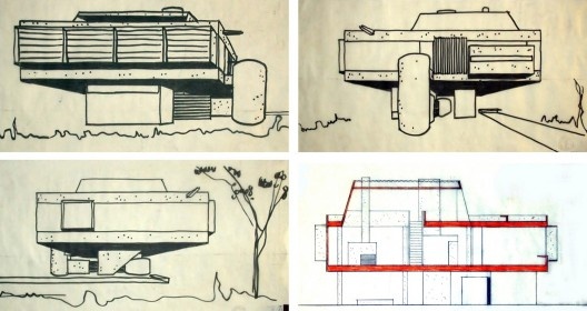 Residência do arquiteto, desenhos dos estudos de alteração do projeto sem a representação da estrutura. Arquiteto Carlos Millan