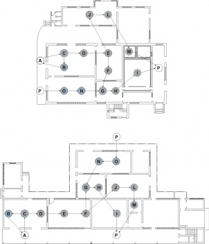 Fig. 7 - Diagrama das etapas do processamento do leite sobre as plantas do projeto de Heitor Maia Filho (a) e Luis Nunes (b)