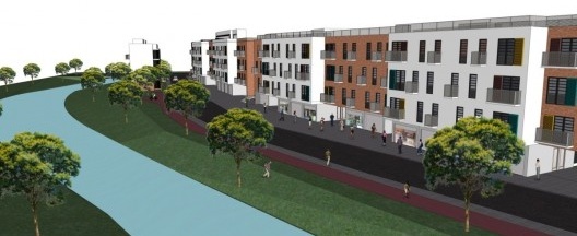 Borda de Urbanidade 01. Vista que demonstra a mata ciliar, a ciclovia, a tipologia habitacional com comércio no térreo e a relação franca com o rio Jaguaribe.Tipologia que explora também a cobertura como possível espaço comunitário, a exemplo do “churrasq