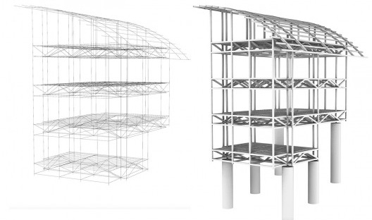 Modelo linear da estrutura ao qual são aplicados os parâmetros de cargas e dimensionamento das peças, inseridos como variáveis dentro do algoritmo de análise e dimensionamento. No modelo à direita não foram aplicados modificadores