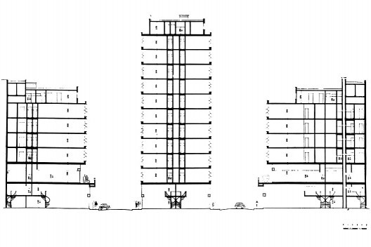 Centro Comercial, corte longitudinal, Bom Retiro, São Paulo. Arquiteto Lucjan Korngold