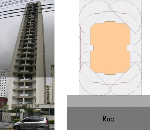 Por conta da grande altura dos edifícios, efeito da aplicação da Fórmula de Adiron, as faixas “A” e “I” se tornam tão grandes e restritivas que é necessário chanfrar o canto do prédio.