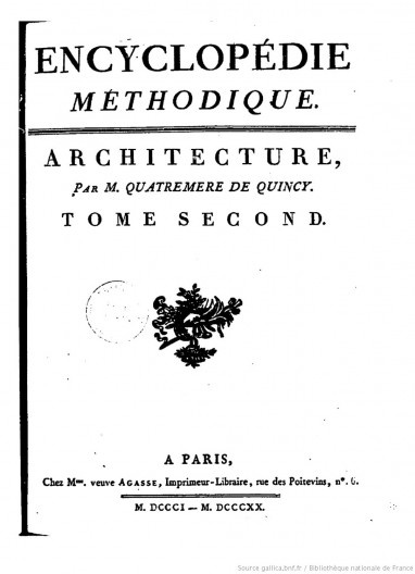 Página da Encyclopédie Méthodique, Quatremère de Quincy, 1801