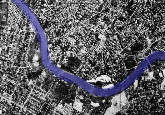 Ortofotocarta da Região Metropolitana do Recife, de 1986, com destaque para a alteração do curso do Capibaribe depois da implantação das obras de contenção de águas do rio