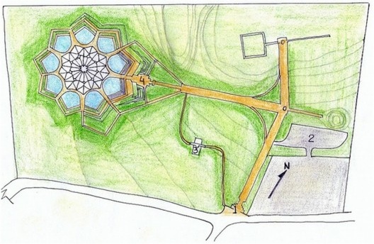 Implantação do complexo. (1) portão de entrada, (2) estacionamento, (3) utilidades para o público e (4) anexo de apoio