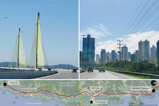 Paisagem da BR-101 em Laguna, Balneário Camboriú e mapa do percurso de análise