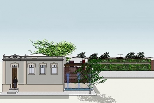 Casa do Capitãozinho, Uberlândia MG Brasil, vista frontal e anexo ao fundo, 3º lugar Concurso Sustentabilidade em Edificações Públicas. Estudante Camila Monteiro de Castro, 2008