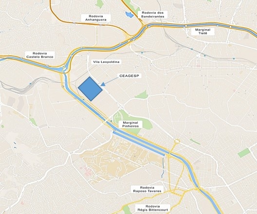 Mapa da Vila Leopoldina com as estradas e a localização da Ceagesp. Elaborado pelo autor a partir de informações do Google Maps, 2015, s.p.