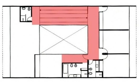 Casa Mario Taques Bitencourt II, planta do pavimento superior com percurso em destaque, 1959