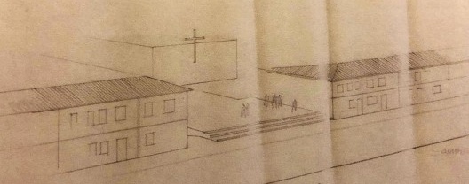 Croqui da implantação da igreja em relação à vizinhança, detalhe de desenho original