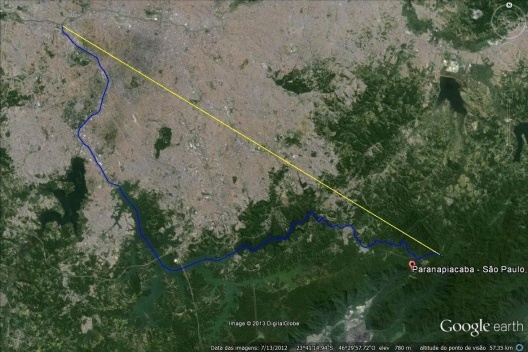 traçado do curso atual do rio Grande e distância em linha reta entre a nascente e a foz