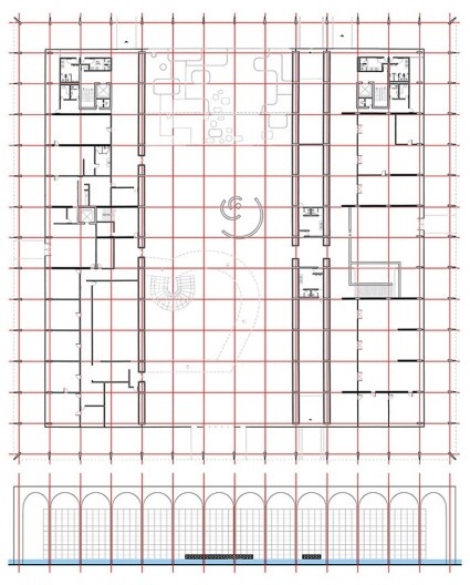 Planta baixa térreo e fachada do Palácio Itamaraty de Brasília com malha estrutural em destaque