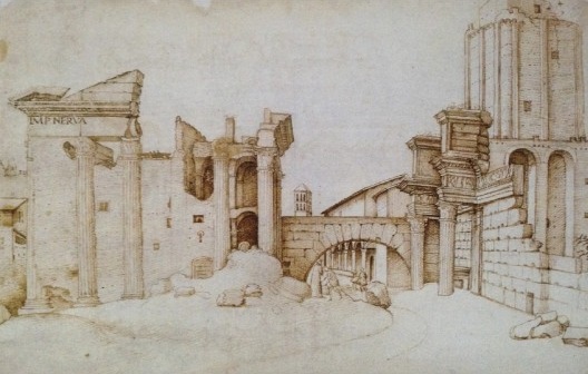 Anônimo Escurialense. O Templo de Minerva no Fóro de Nerva; à direita a Torre dei Conti, erguida por Inocêncio III em 1238 e danificada pelo terremoto de 1348. Codex Escurialensis
