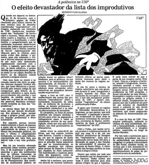 Artigo “O efeito devastador da lista dos improdutivos”, de Modesto Carvalhosa, Folha de S.Paulo, San Pablo, 29 fev.1988, p. A-3
