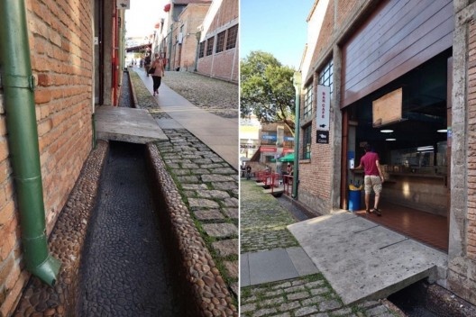 Fotografias de uma das calhas-canal revestida com seixos rolados na rua interna do Sesc Pompéia e das passarelas-pontes sobre estes canais para acesso aos galpões