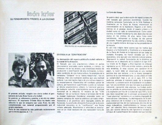 Foto de Léon Krier e Cristián Boza na página da revisa ARS número 1, de julho de 1978, que introduz o texto de Léon Krier